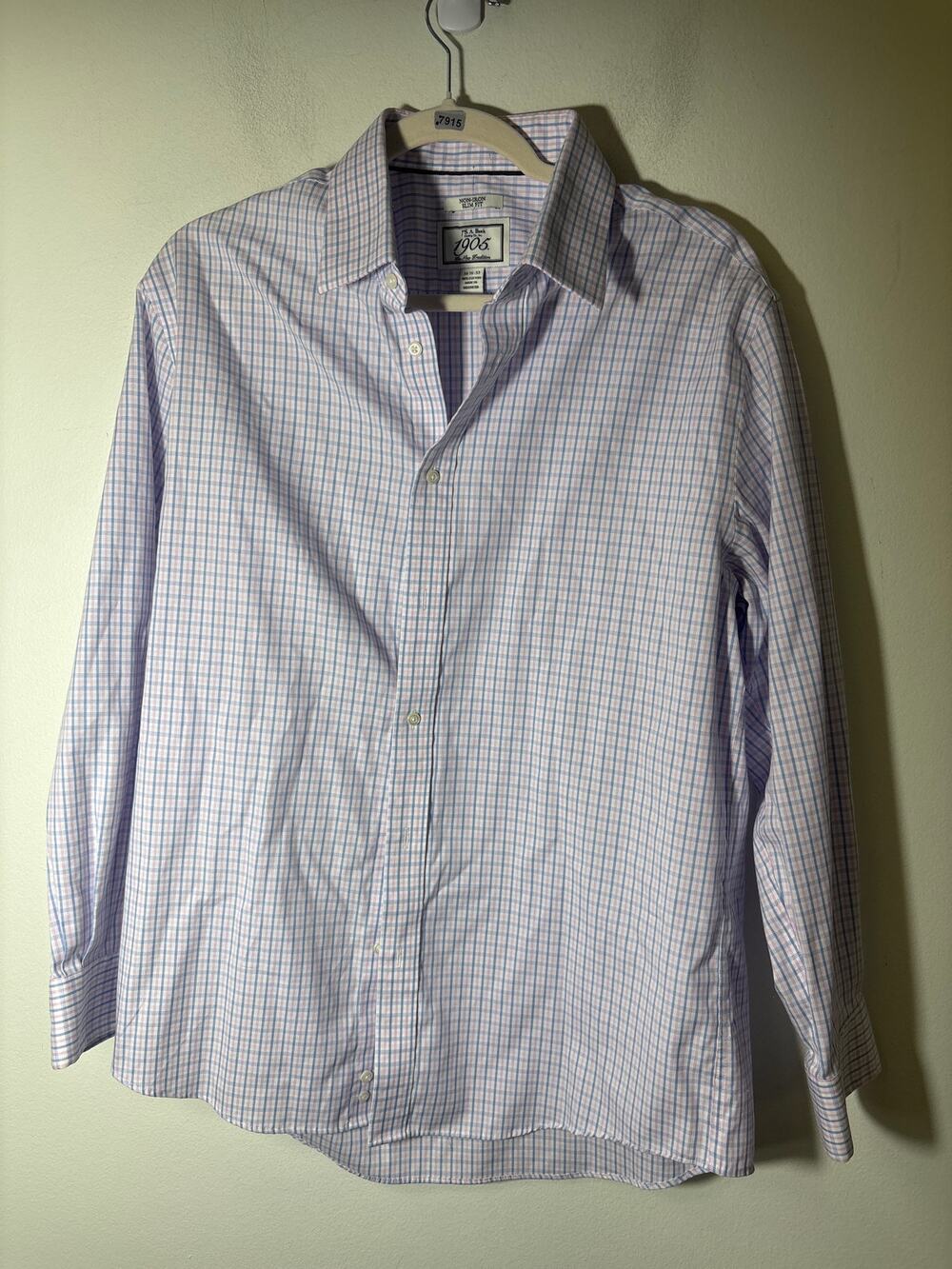 Men's Jos A. Bank Pink Blue Plaid Button Down Dress Shirt Sz 16.5-33